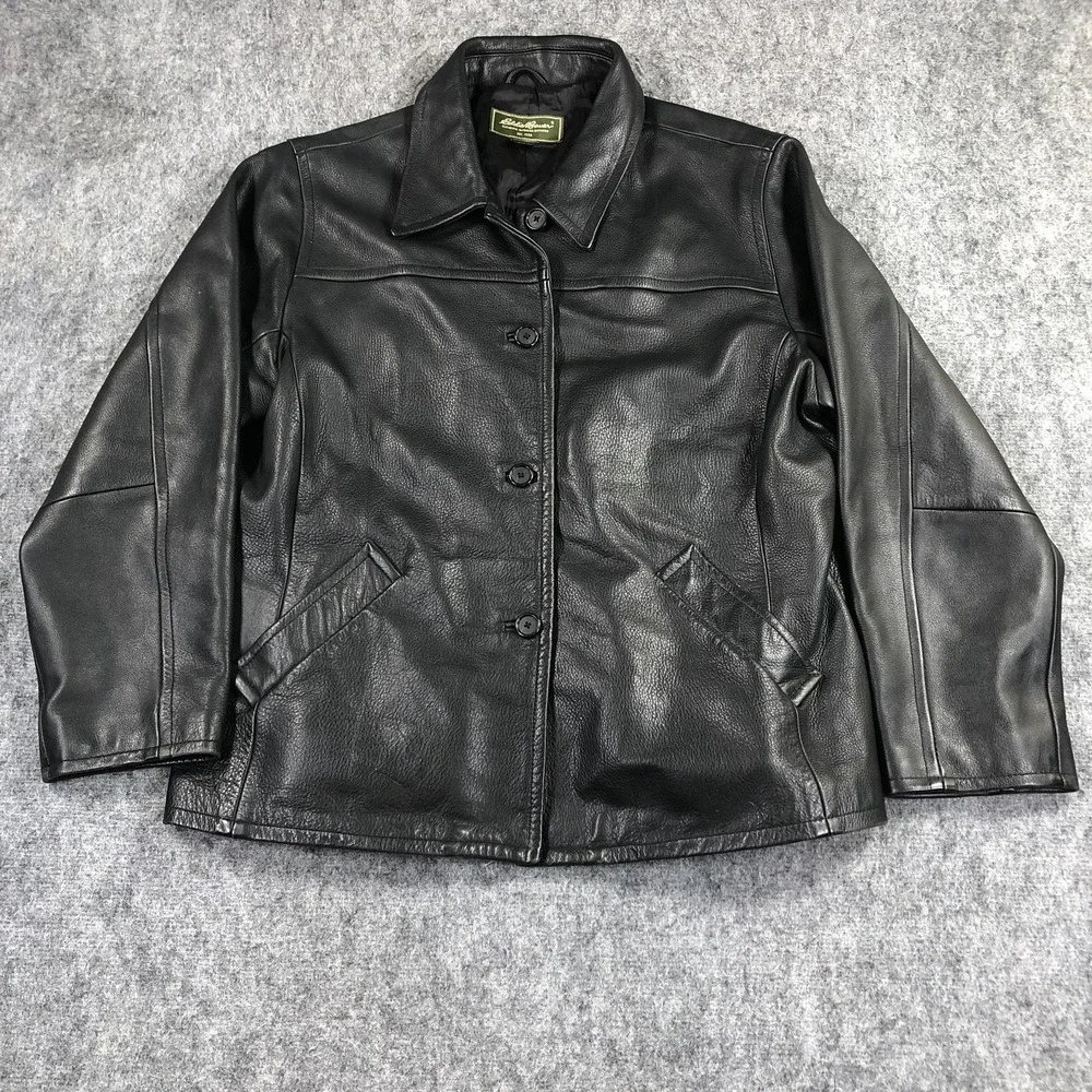 Eddie Bauer Y2K Leather Jacket Mens XL Black Genuine Leather Button Front Coat